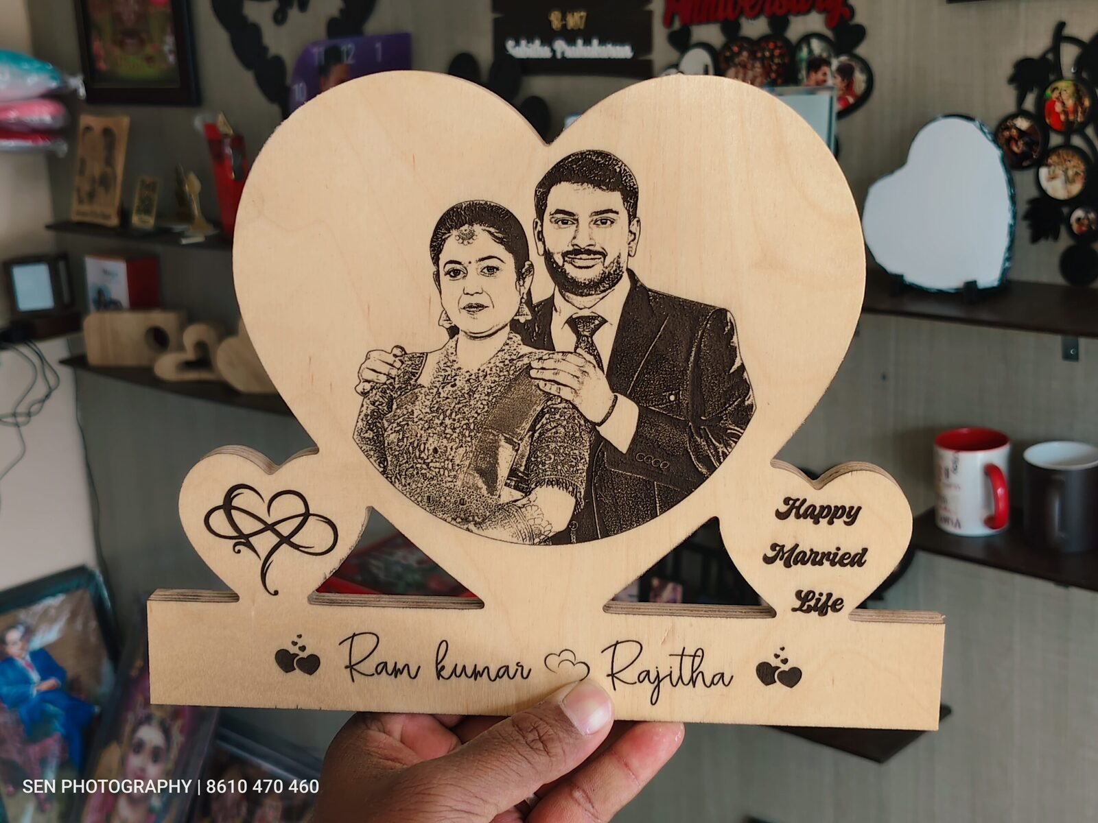 Heart shape wood engraved photo standee for a couple with Happy Married Life text