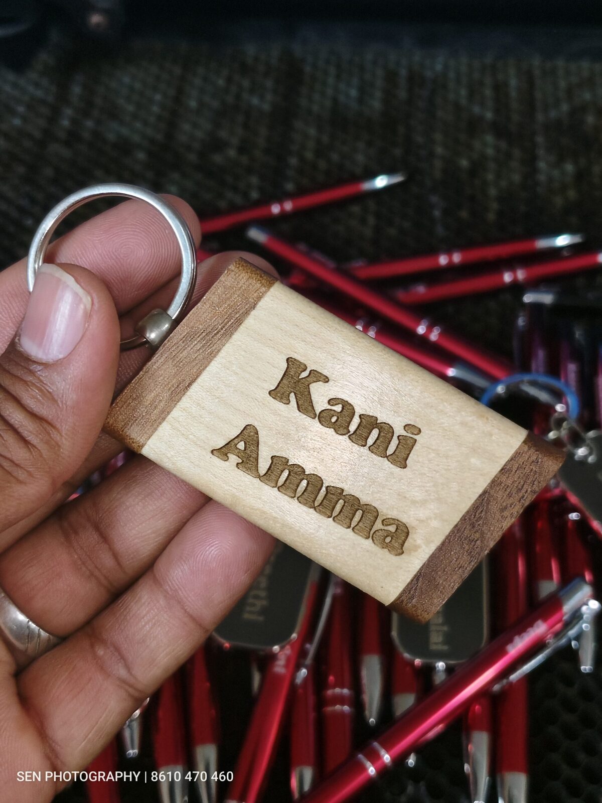 Wood keyring laser engraved with a personalised name