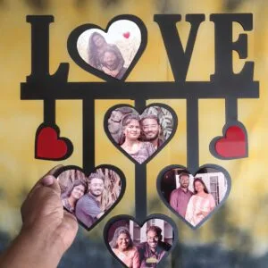 MDF wall photo frame with hanging heart shaped photo panels