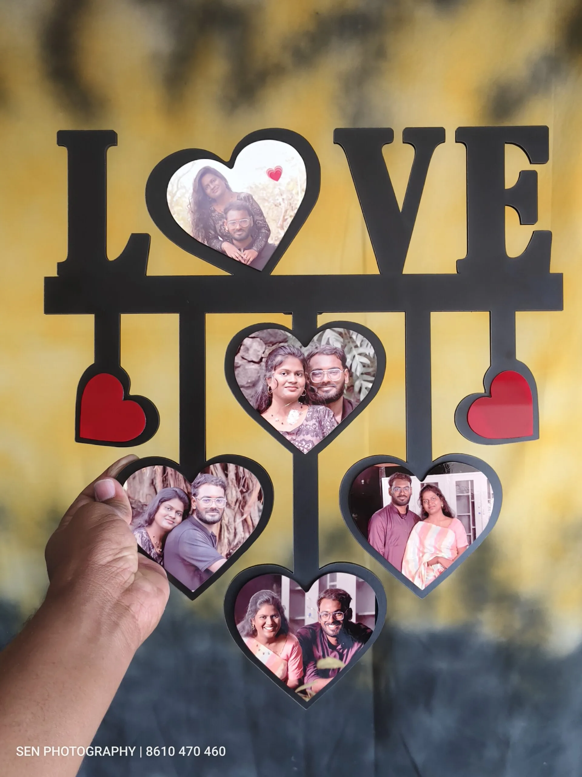 MDF wall photo frame with hanging heart shaped photo panels