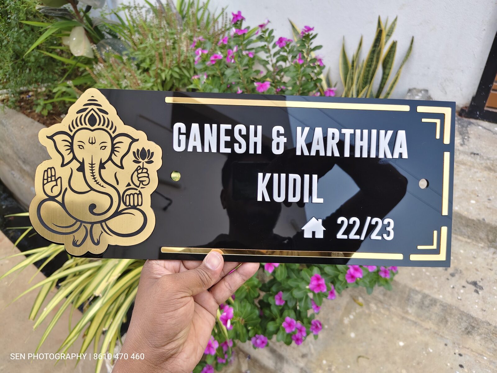 Acrylic house name plate with gold border and door number 22/23