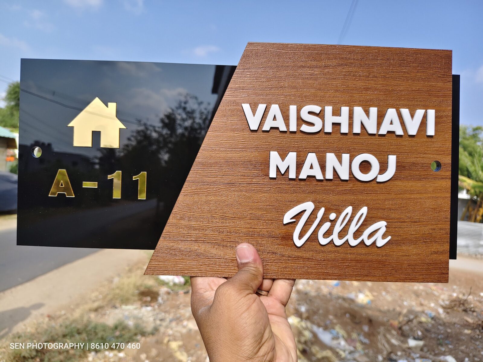 Personalised villa name board with house symbol and door number