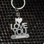 I love you name keychain engraved in steel with a heart cutout