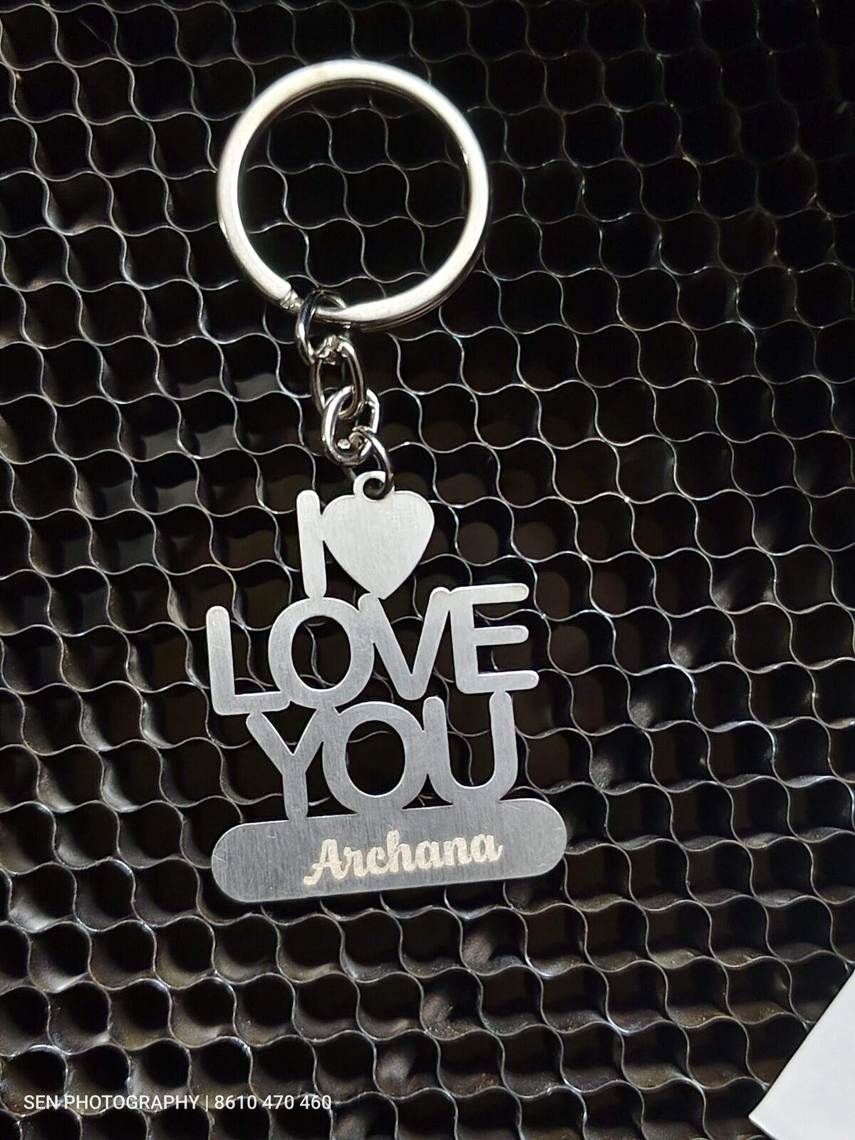 I love you name keychain engraved in steel with a heart cutout