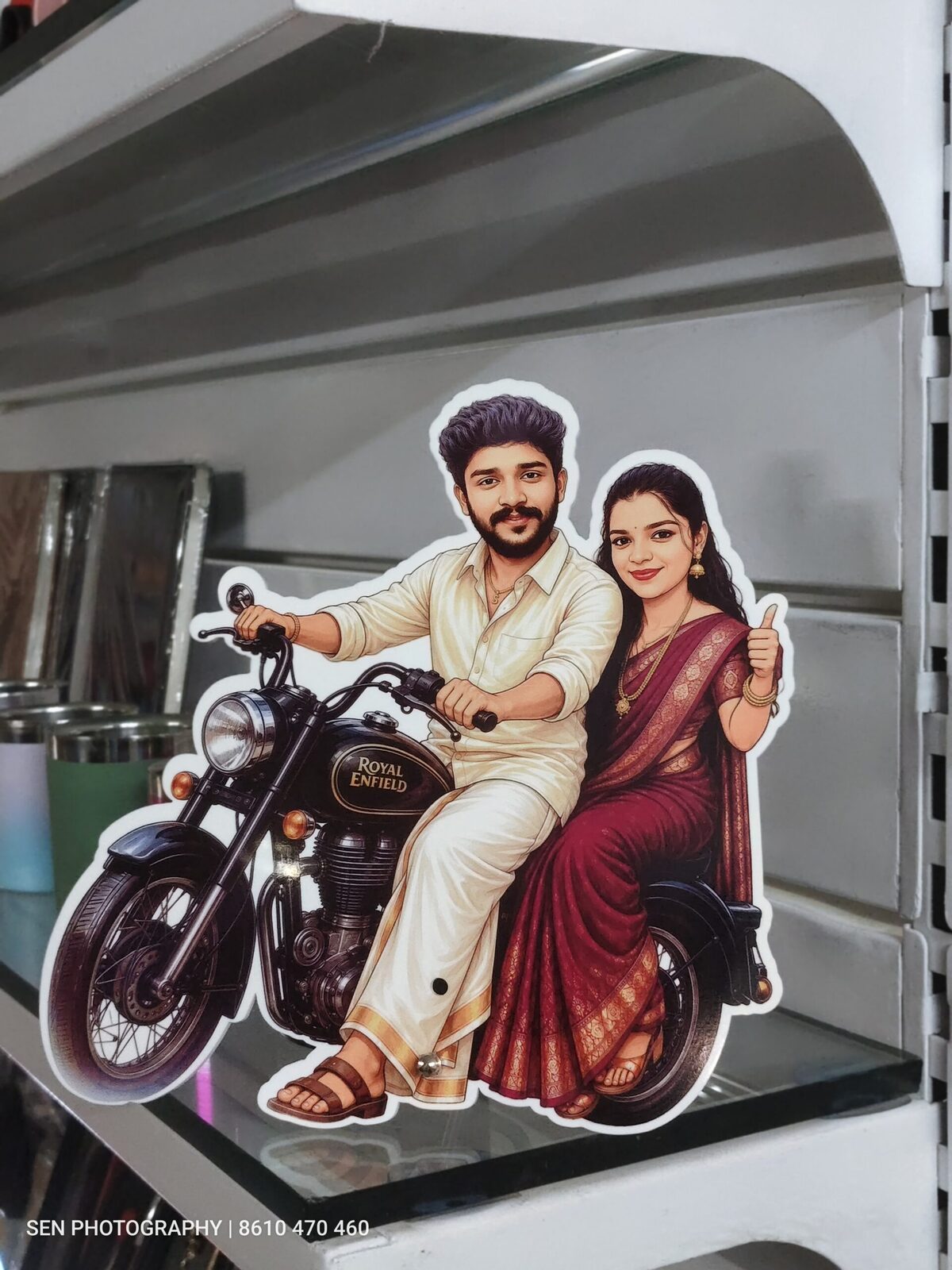 Custom shaped acrylic photo standee of a couple in traditional dress