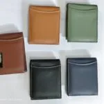 Slim leather card holder wallets in tan, brown, black, blue and green