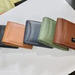Row of compact RFID leather wallets in five colours