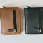 Front view of brown and black pop up card holder wallets