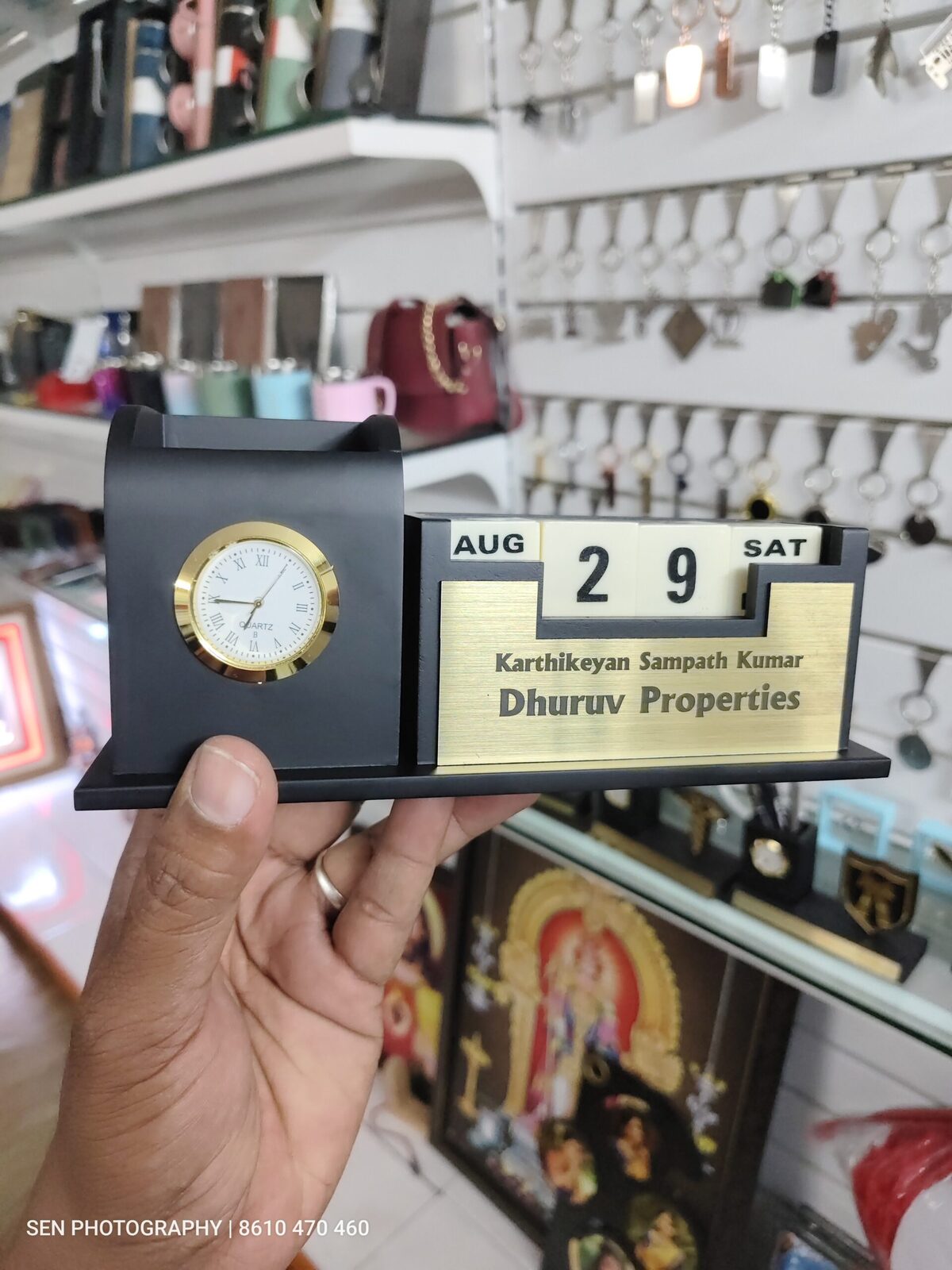 Custom desk organiser with clock and calendar engraved for a company