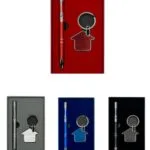 Pen and keychain gift sets in grey, blue, black and red presentation boxes