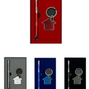 Pen and keychain gift sets in grey, blue, black and red presentation boxes