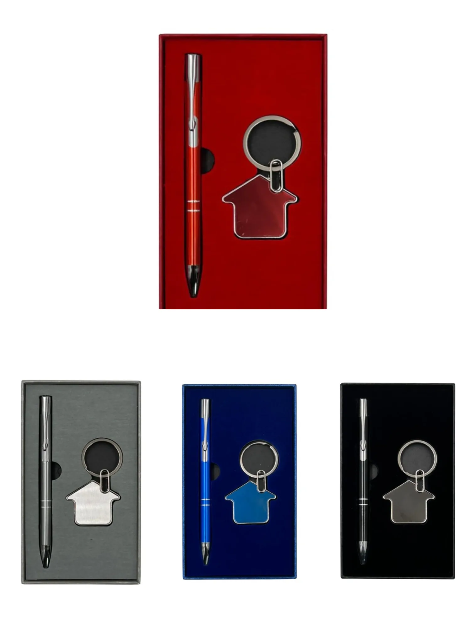 Pen and keychain gift sets in grey, blue, black and red presentation boxes