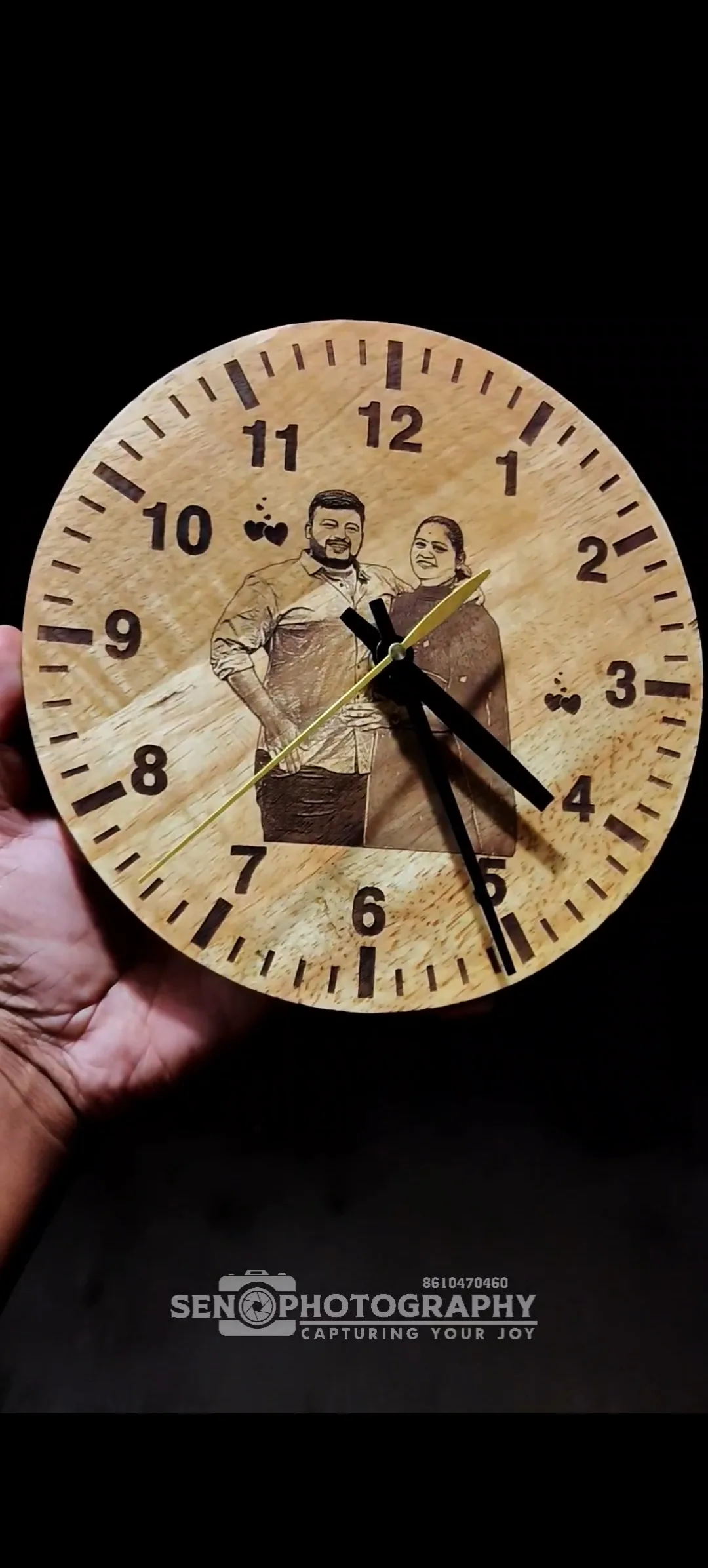 Wooden engraved photo wall clock face with clock hands