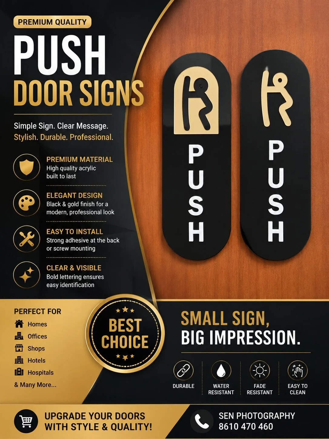 Black acrylic push and pull door signs with white lettering