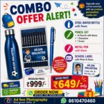 School stationery kit with name printed pencils, pen, bottle and photo labels
