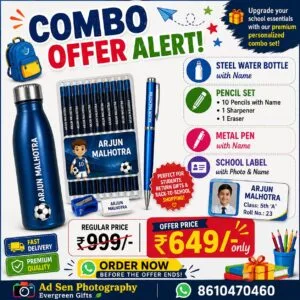School stationery kit with name printed pencils, pen, bottle and photo labels