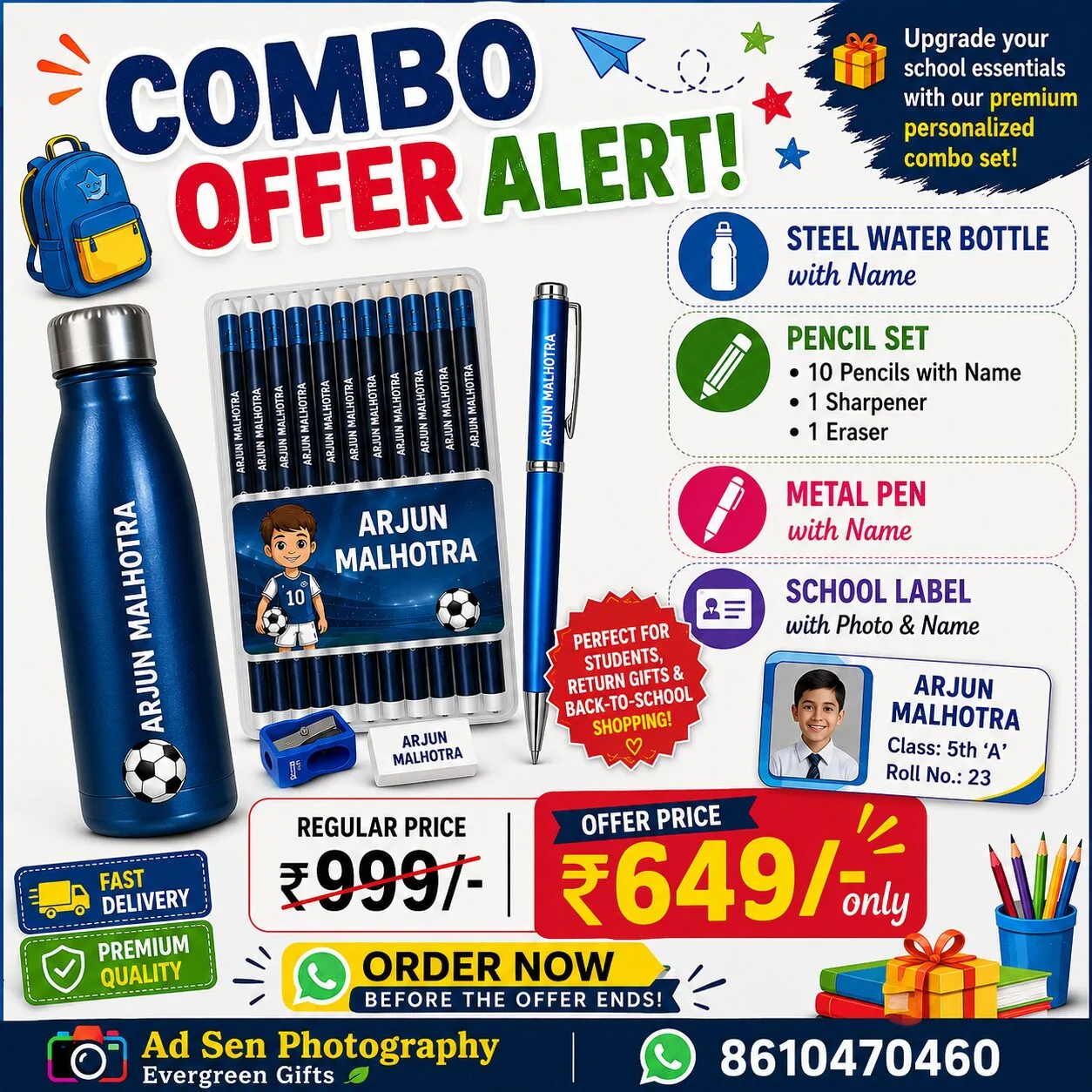 School stationery kit with name printed pencils, pen, bottle and photo labels